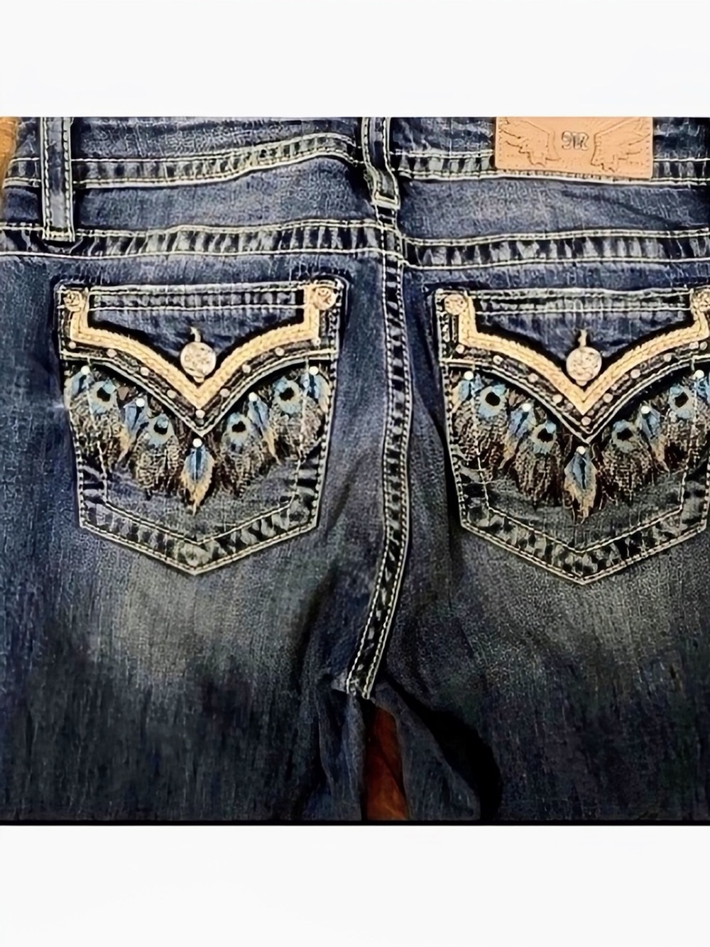 Gorgeous Y2K Miss Me Boot Jeans with Feather Embellished Pockets 28” Inseam